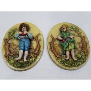 Vintage Little Boy and Girl in Vineyard Plaster Relief Plaques